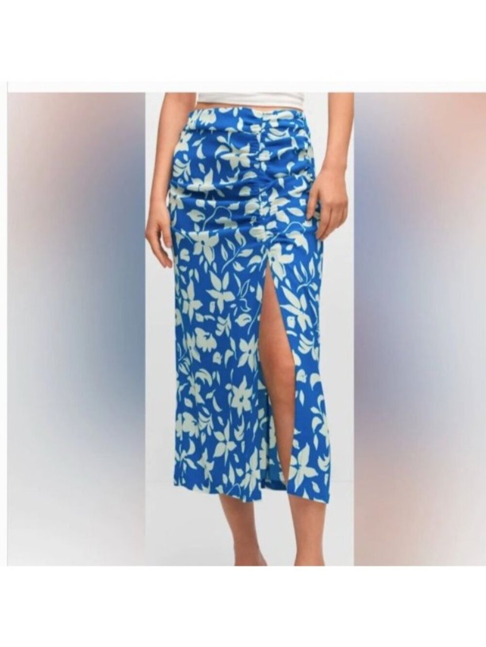 NWT MNG Blue White Floral Front Slit Midi Skirt XL